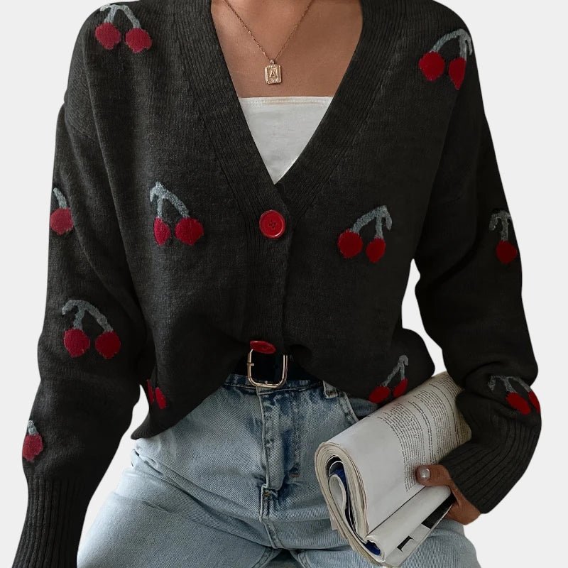 Gleame.-Truien & Vesten-Gleame trui - gebreide lange mouwen knooptrui met print