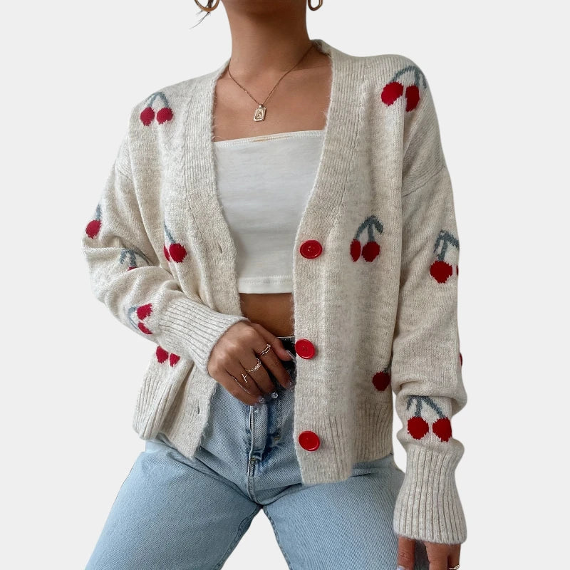 Gleame.-Truien & Vesten-Gleame trui - gebreide lange mouwen knooptrui met print