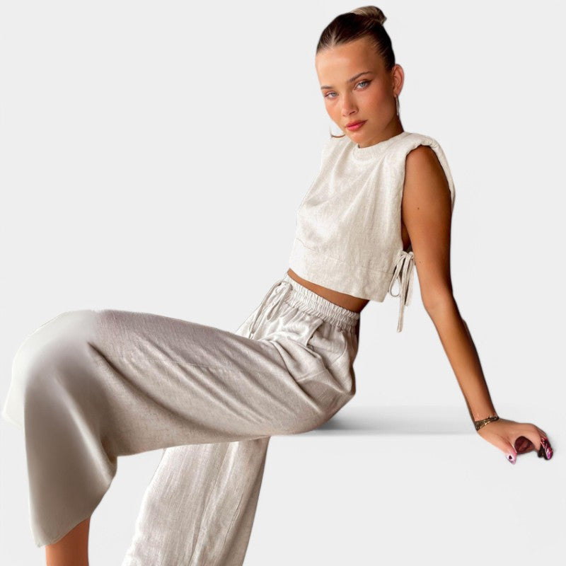 Gleame.-Two-piece set-Gleame Set - Vrouwen vakantie linnen broek en crop top set