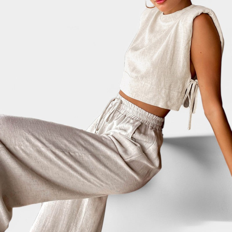 Gleame.-Two-piece set-Gleame Set - Vrouwen vakantie linnen broek en crop top set
