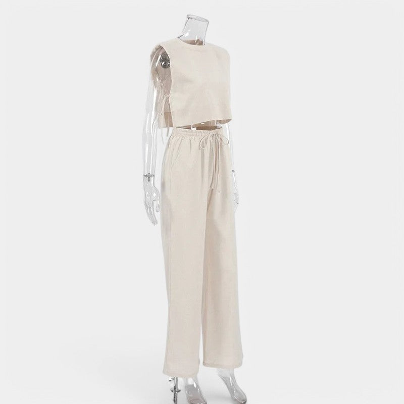 Gleame.-Two-piece set-Gleame Set - Vrouwen vakantie linnen broek en crop top set