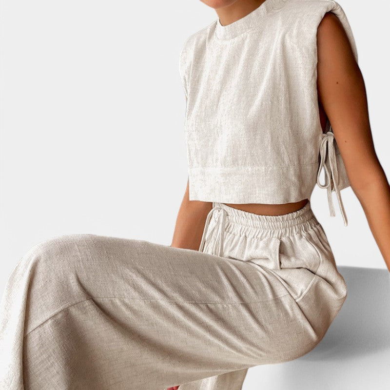 Gleame.-Two-piece set-Gleame Set - Vrouwen vakantie linnen broek en crop top set
