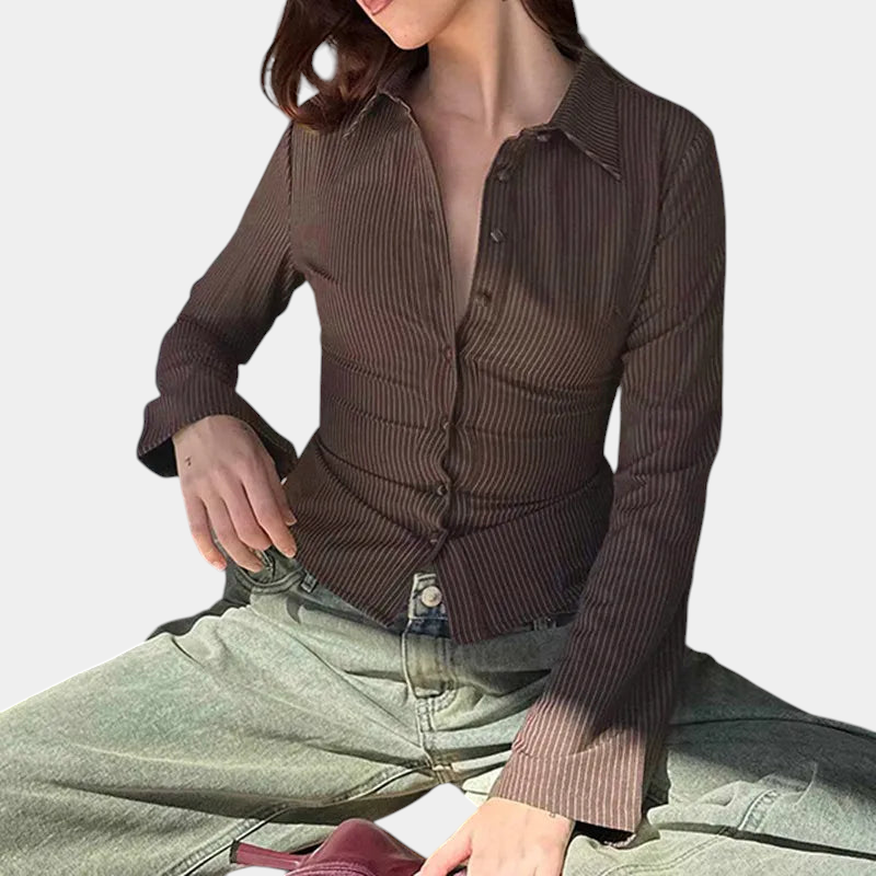 Gleame.-Women Blouse-Gleame Blouse - Elegante retro dames blouse met lange mouwen en streepdetail