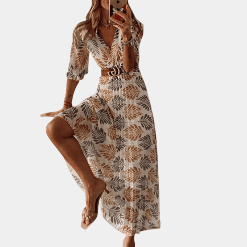 Gleame.-Women Dress Maxi-Gleame jurk - zomerse lange feestelijke jurk met bladprint