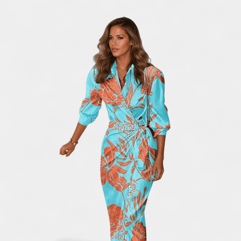 Gleame.-Women Dress Summer-Gleame jurk - gestreepte wikkeljurk met levendig bloemmotief