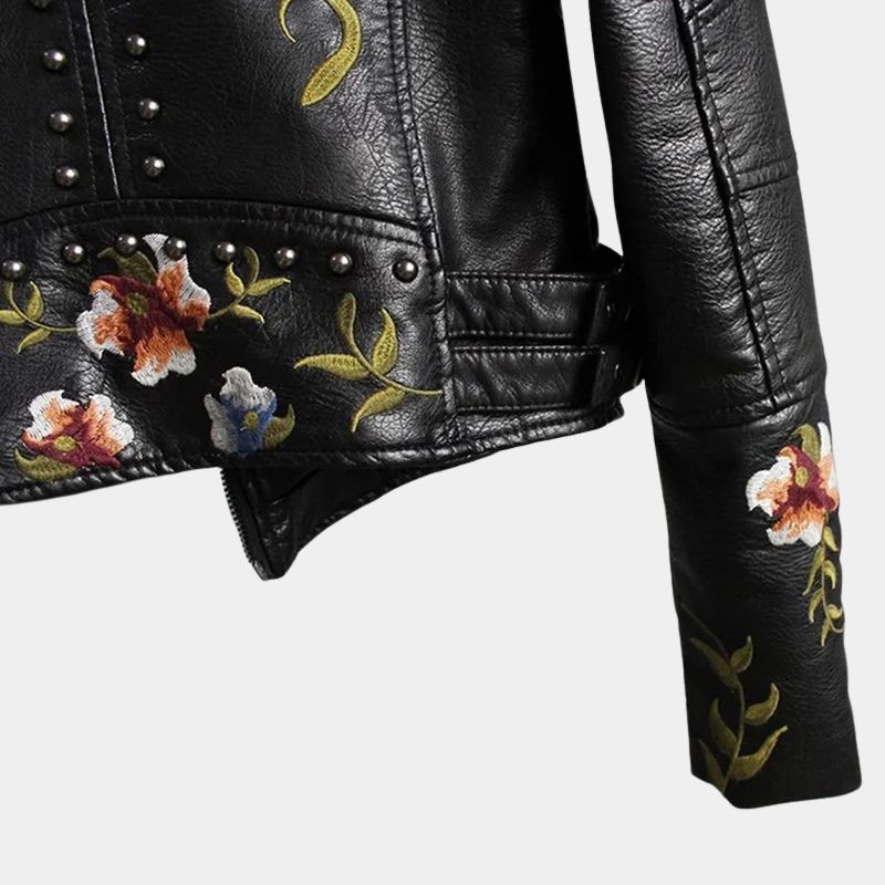 Gleame Women's Jacket - Leather women's jacket with flowers in black and white