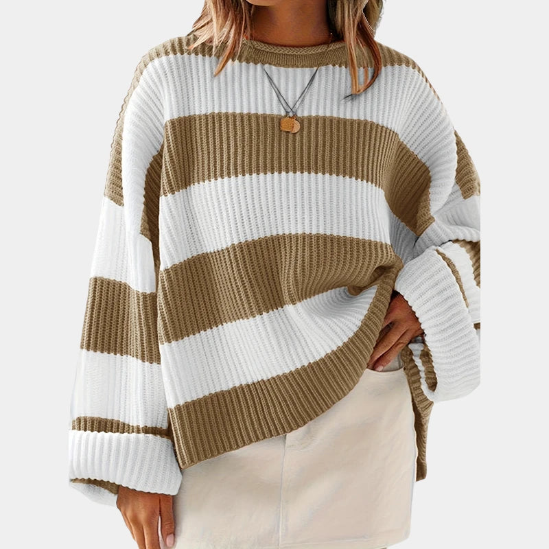 Gleame.-Truien & Vesten-Gleame Trui - Losse trui met lange mouwen en ronde hals in gestreept ontwerp