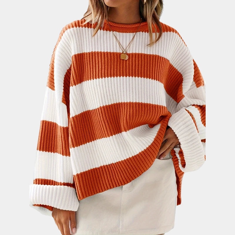 Gleame.-Truien & Vesten-Gleame Trui - Losse trui met lange mouwen en ronde hals in gestreept ontwerp