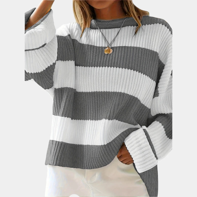 Gleame.-Truien & Vesten-Gleame Trui - Losse trui met lange mouwen en ronde hals in gestreept ontwerp