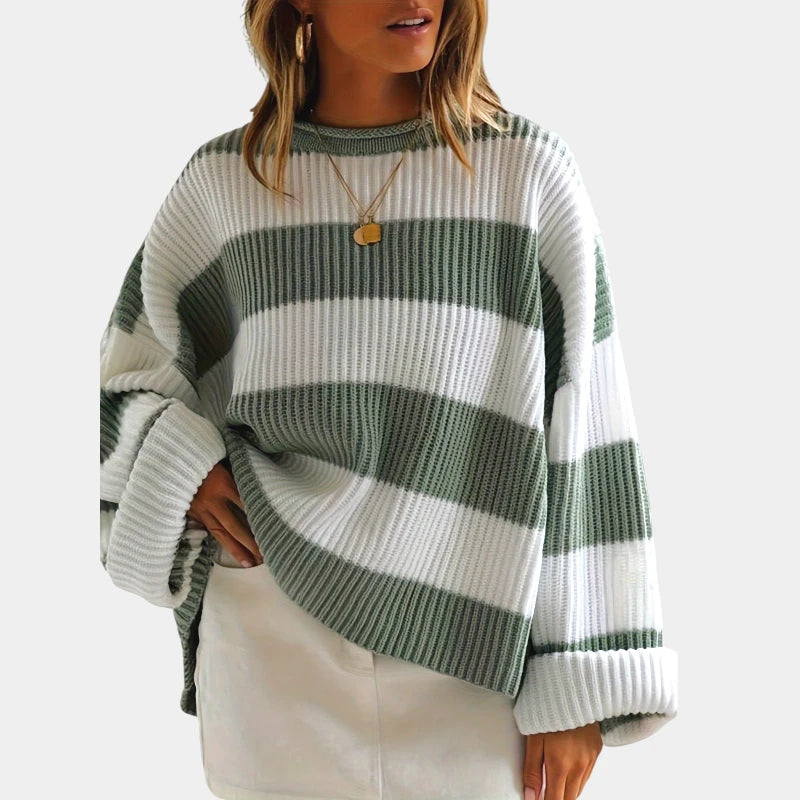 Gleame.-Truien & Vesten-Gleame Trui - Losse trui met lange mouwen en ronde hals in gestreept ontwerp