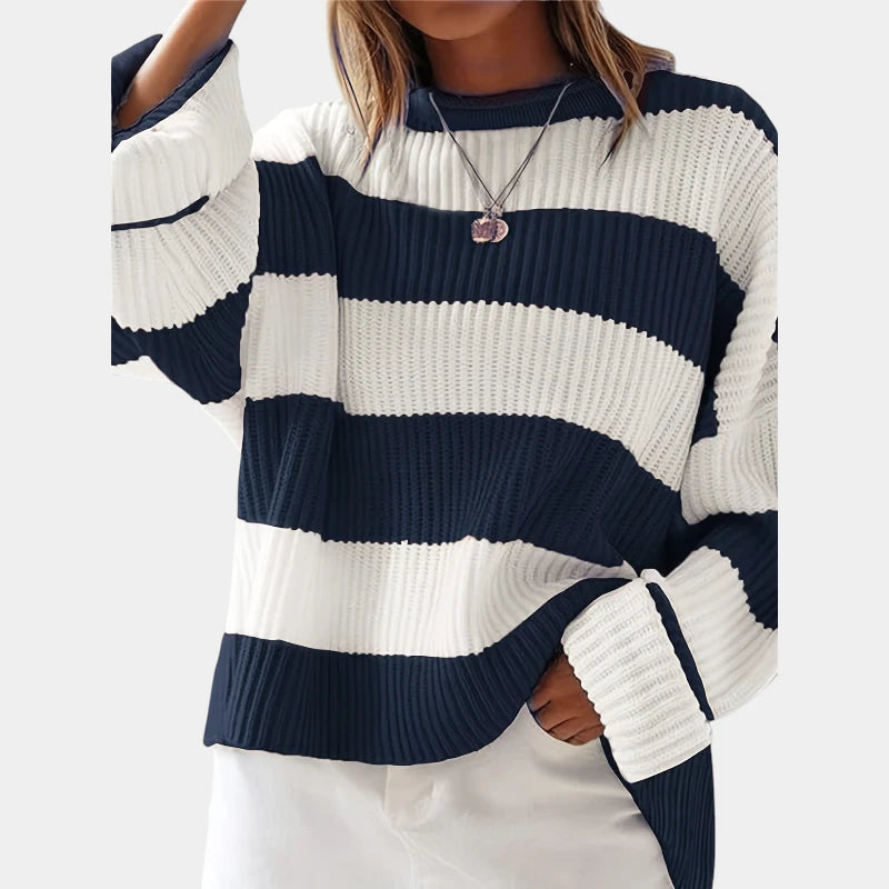 Gleame.-Truien & Vesten-Gleame Trui - Losse trui met lange mouwen en ronde hals in gestreept ontwerp