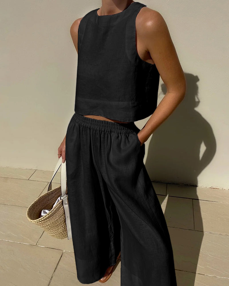 Gleame Linnen Tweedelige Set – Luchtige tweedelige outfit van linnen broek en top