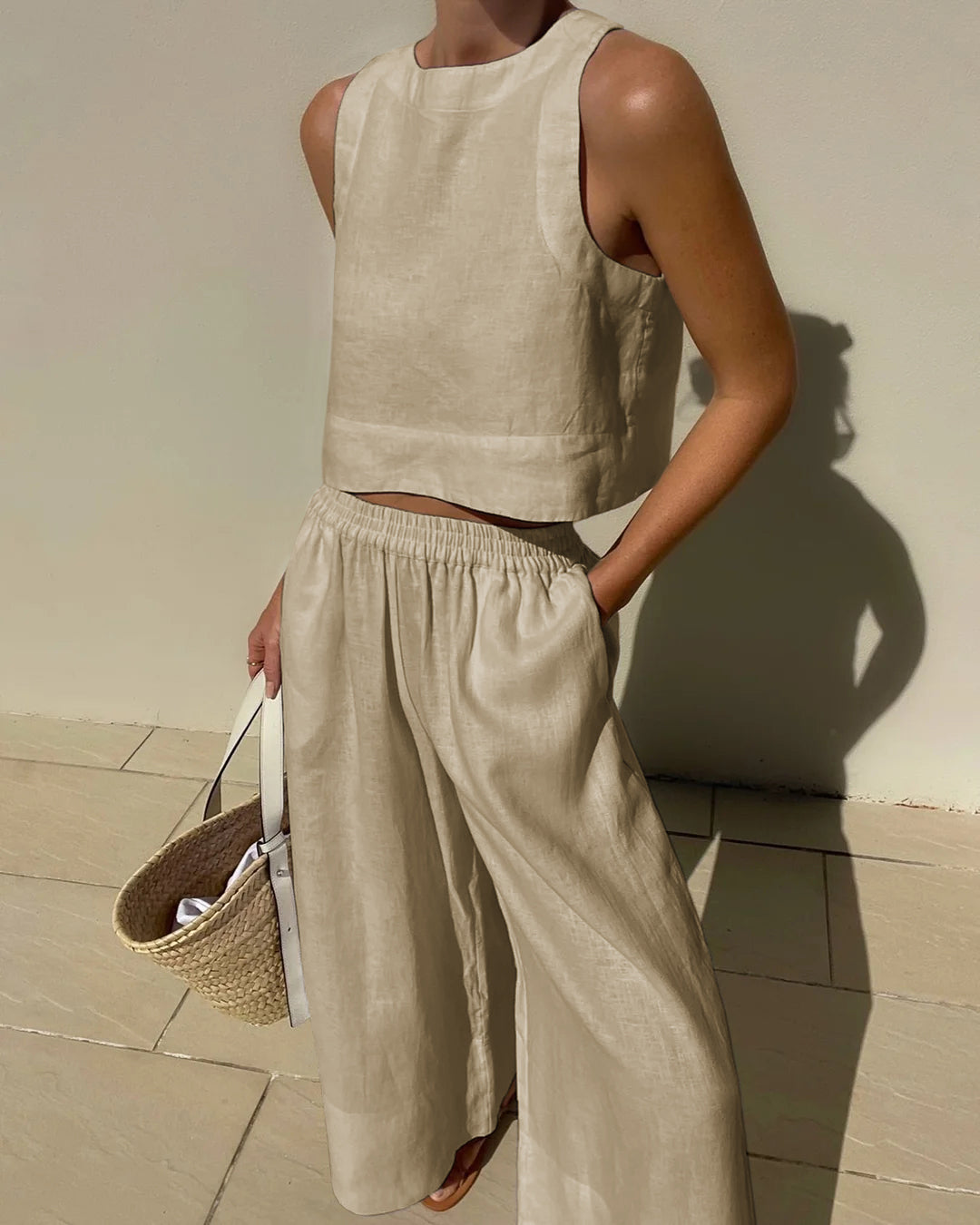 Gleame Linnen Tweedelige Set – Luchtige tweedelige outfit van linnen broek en top