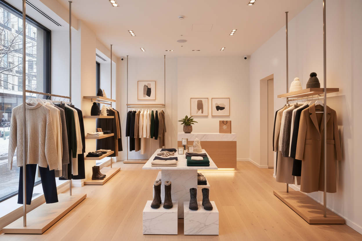 a clean nice inside of a store where many premimum winter products are hanging, nice interior