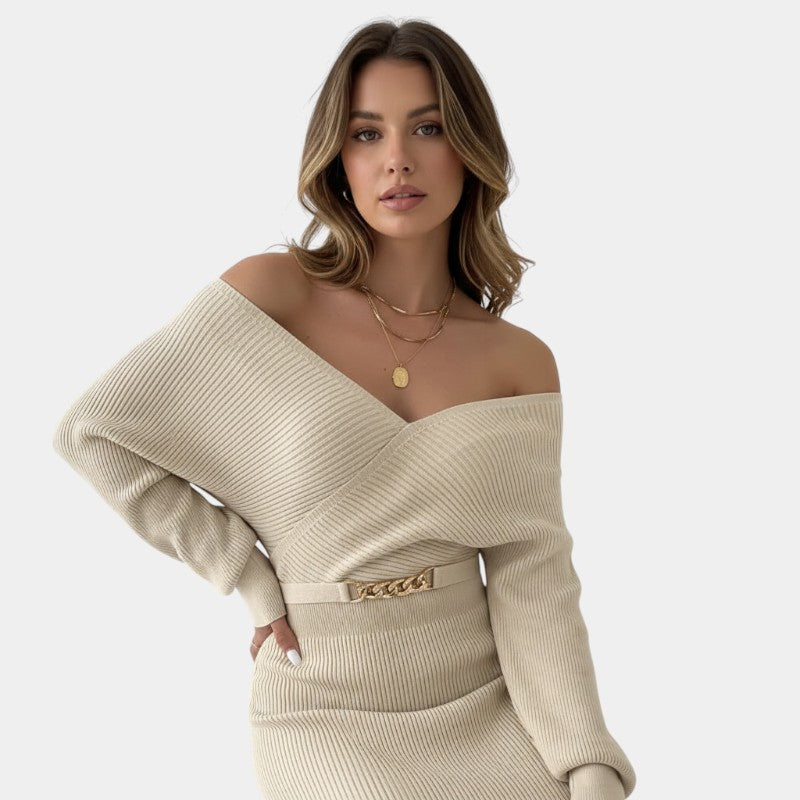 Gleame | Dames Bodycon Midi Jurk Geribde Structuur V-Hals Elegant