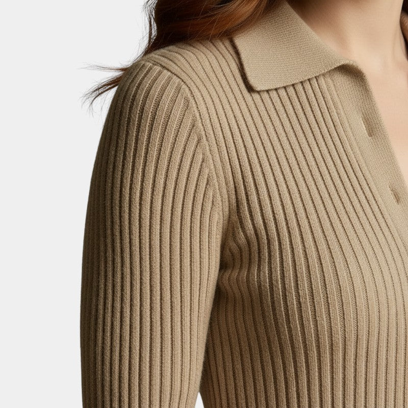 Gleame | Dames Midi Jurk Geribde Structuur Polo Kraag