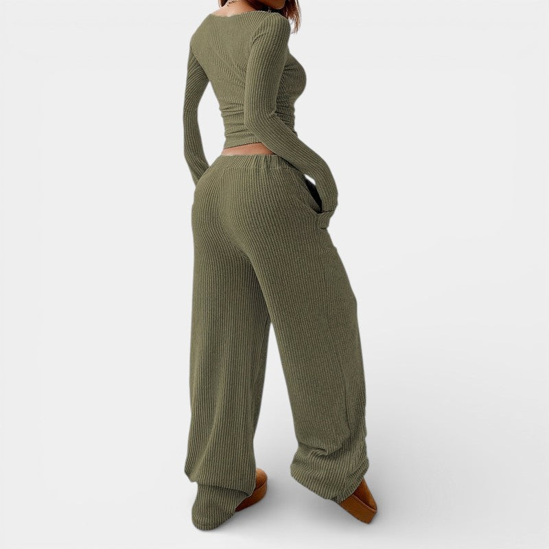 Gleame | Dames Tweedelige Set Geribde Structuur Ronde Hals