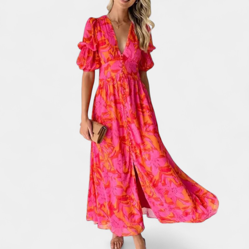 Gleame Lange Jurk - Roze maxi dress met V-hals en korte mouwen
