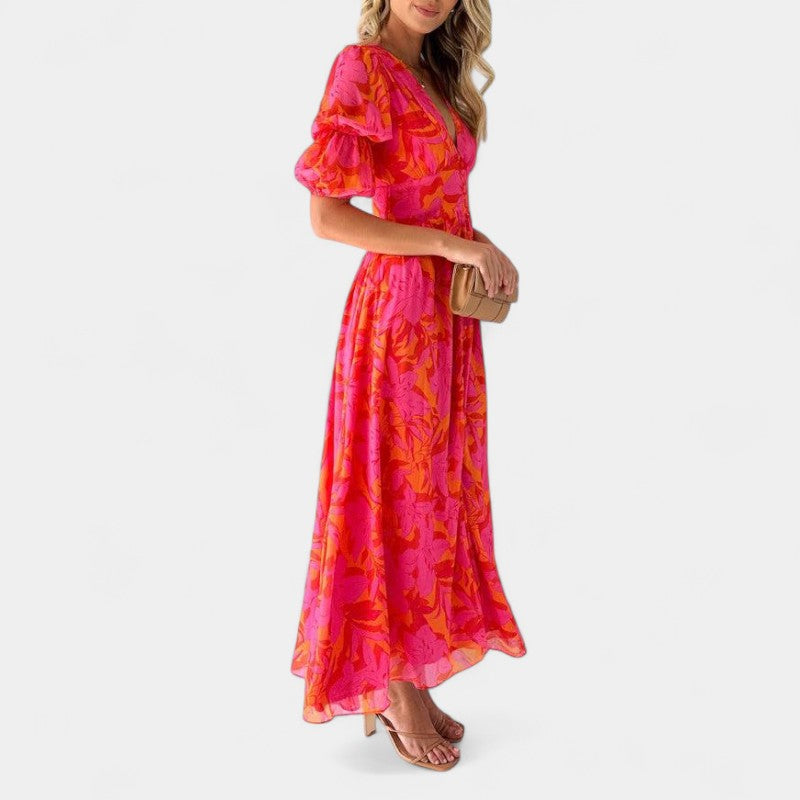 Gleame Lange Jurk - Roze maxi dress met V-hals en korte mouwen