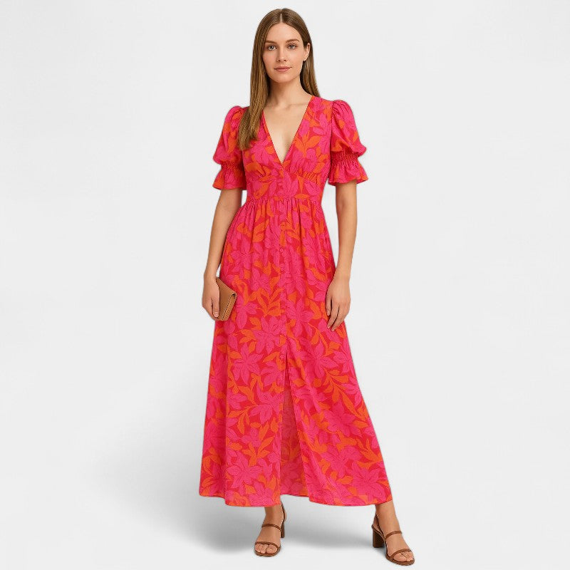 Gleame Lange Jurk - Roze maxi dress met V-hals en korte mouwen