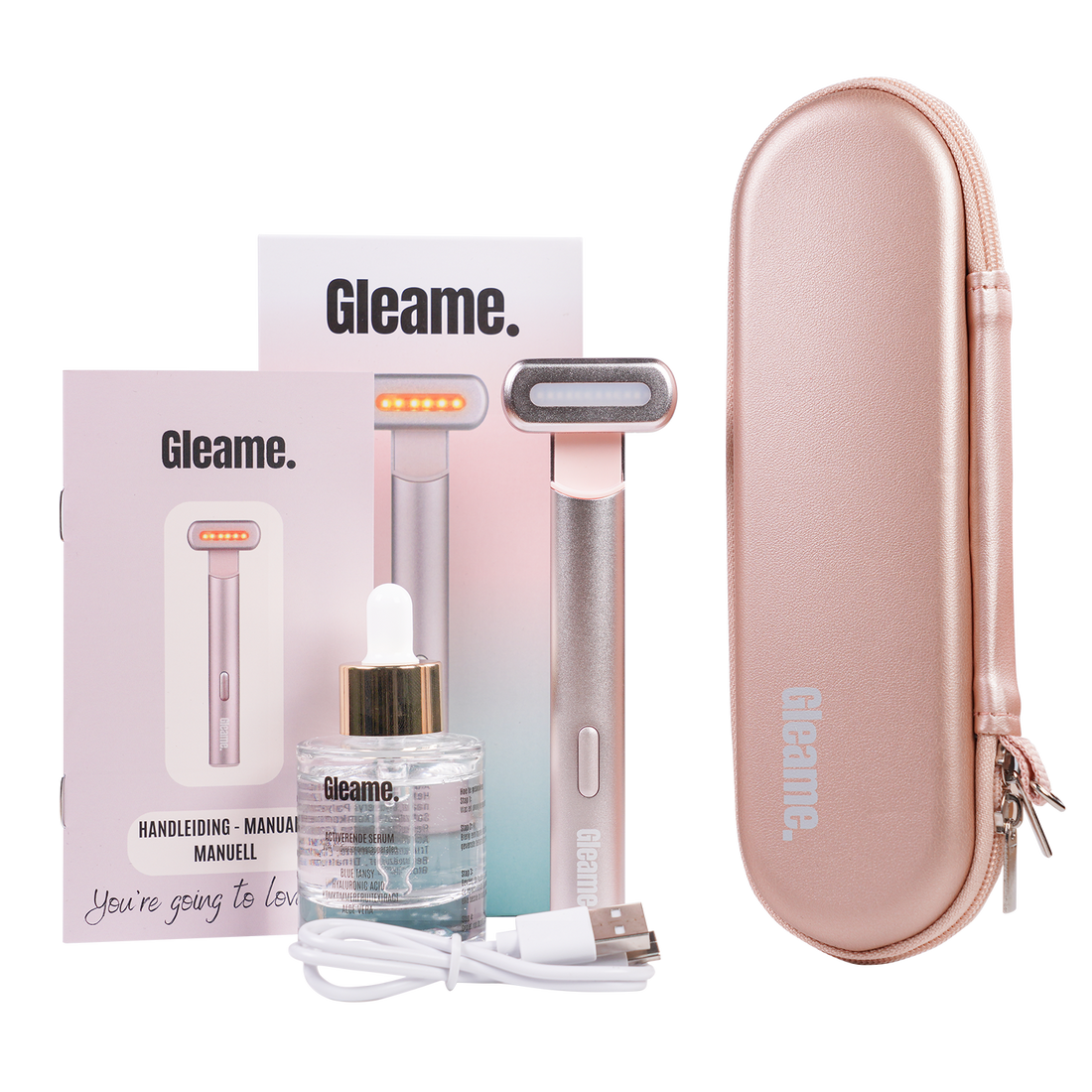 Gleame 4 in 1 skincare tool set | Een betere huid binnen 2 weken! | Rood/blauw licht therapie | Hyaluronzuur serum