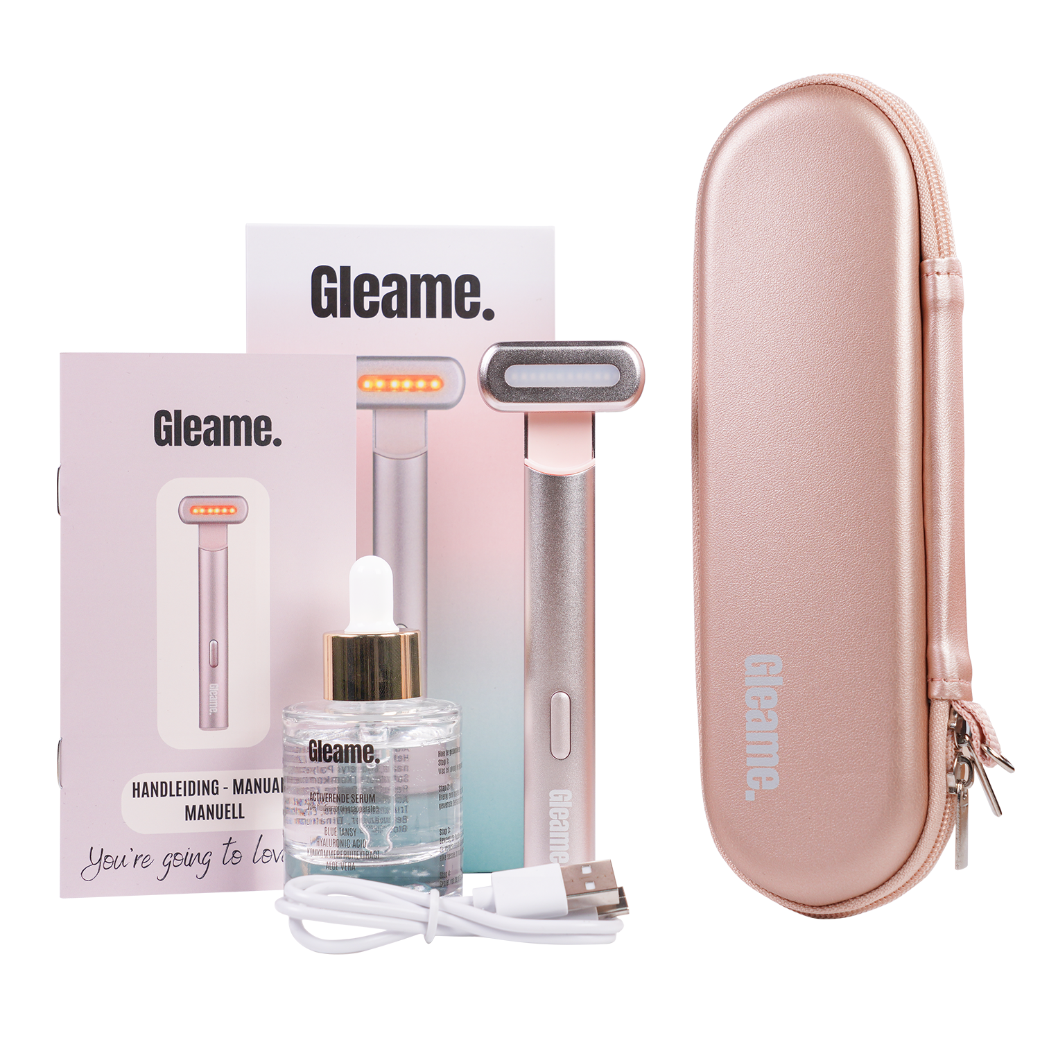 Gleame 4 in 1 skincare tool set | Een betere huid binnen 2 weken! | Rood/blauw licht therapie | Hyaluronzuur serum