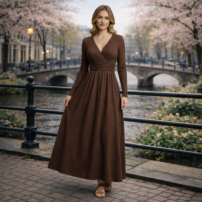 Gleame | Dames A-Lijn Maxi Jurk V-Hals Geribde Structuur
