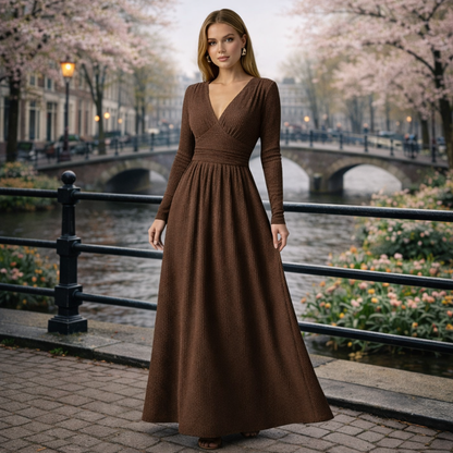 Gleame | Dames A-Lijn Maxi Jurk V-Hals Lange Mouw