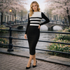 Gleame | Dames Bodycon Jurk Ronde Hals Lange Mouw Kleurblok Strepen