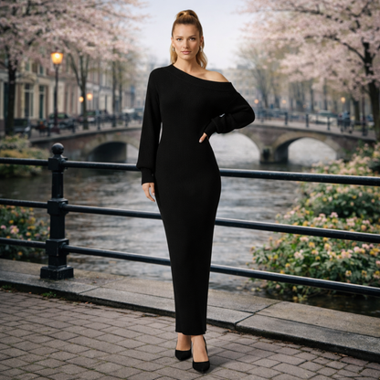 Gleame | Dames Gebreide Off Shoulder Jurk met Lange Mouwen