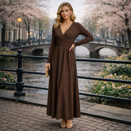 Gleame | Dames Maxi Jurk A-Lijn V-Hals Lange Mouw
