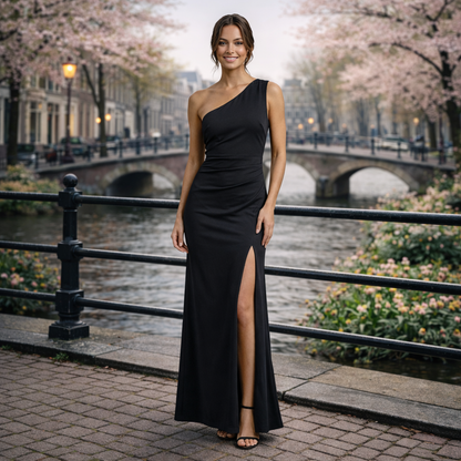 Gleame | Dames Maxi Jurk Eén Schouder Aansluitende Pasvorm Elegant