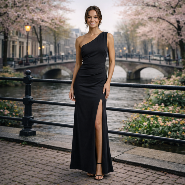 Gleame | Dames Maxi Jurk Eén Schouder Aansluitende Pasvorm Elegant