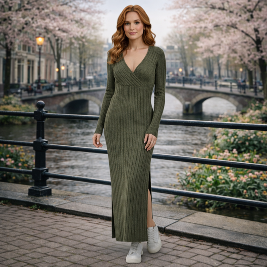 Gleame | Dames Maxi Jurk Geribde Structuur V-Hals Lange Mouw Elegant