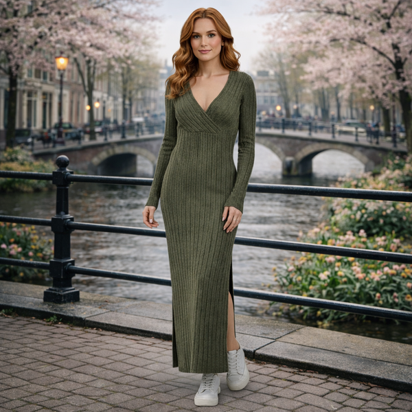 Gleame | Dames Maxi Jurk Geribde Structuur V-Hals Lange Mouw Elegant