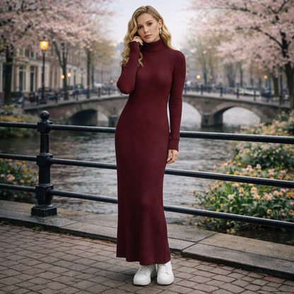 Gleame | Dames Maxi Jurk Hoge Hals Lange Mouw Aansluitend