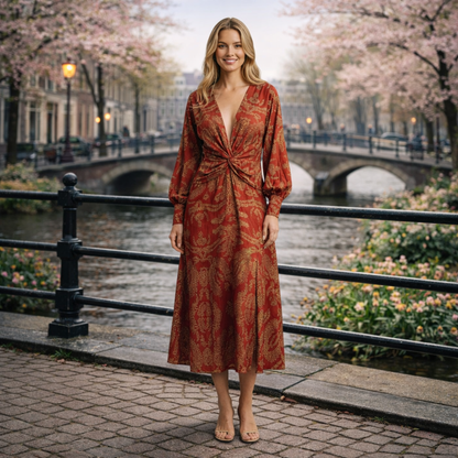 Gleame | Dames Maxi Jurk V-Hals Lange Mouw Elegante Pasvorm