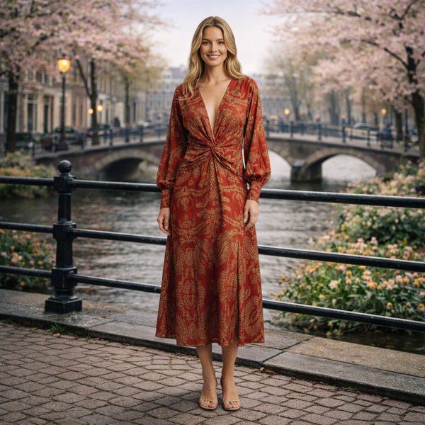 Gleame | Dames Maxi Jurk V-Hals Lange Mouw Elegante Pasvorm