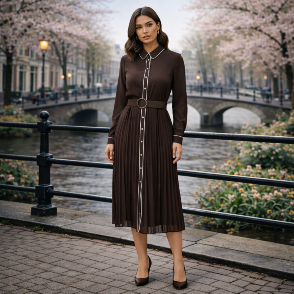 Gleame | Dames Midi-jurk Plooirok Overhemdkraag Lange Mouw Bruin