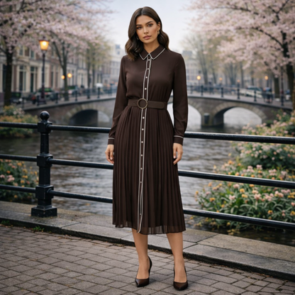 Gleame | Dames Midi-jurk Plooirok Overhemdkraag Lange Mouw Bruin