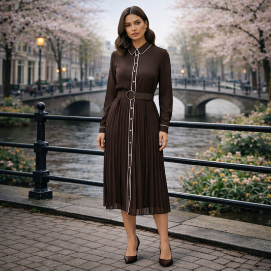 Gleame | Dames Midi-jurk Plooirok Overhemdkraag Lange Mouw Bruin