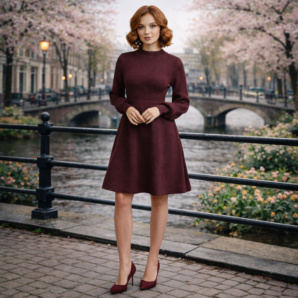 Gleame | Dames Midi Jurk Hoge Hals Lange Mouw Elegante Pasvorm