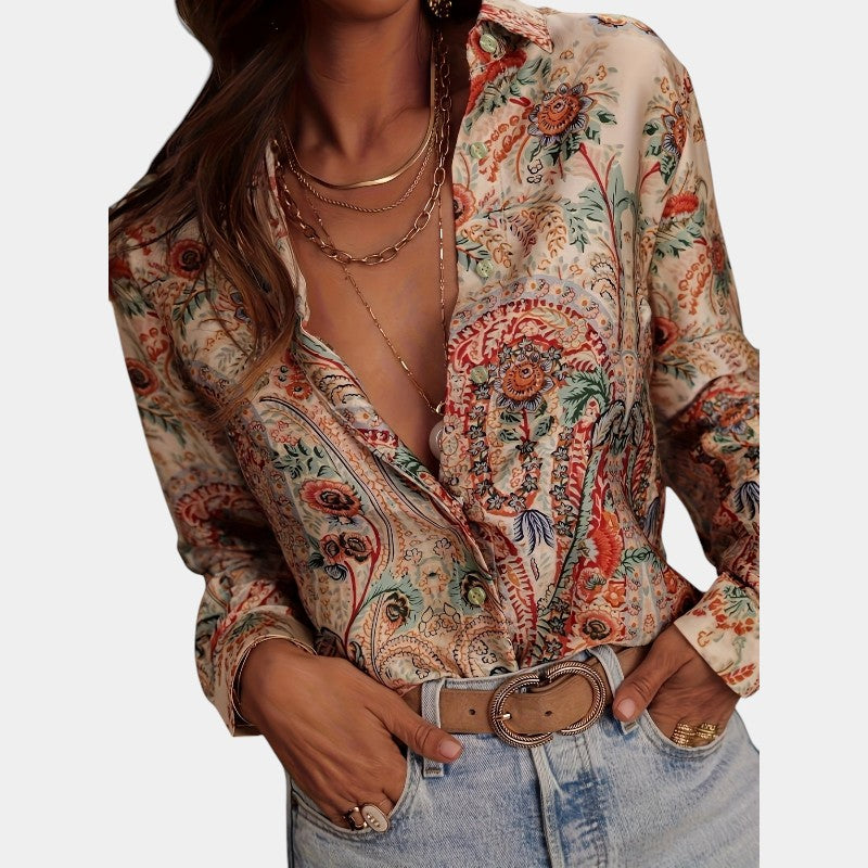 Gleame.-Blazers &amp; Blouses-Gleame Blouse - Elegante polyester paisley blouse met kraag en knopen