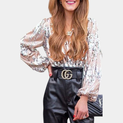 Gleame.-Blazers &amp; Blouses-Gleame Blouse - Elegante sequinned blouse met diepe V-hals
