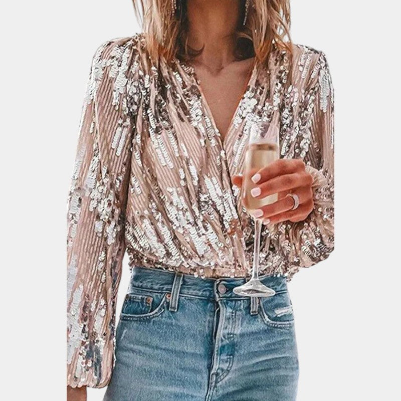 Gleame.-Blazers &amp; Blouses-Gleame Blouse - Elegante sequinned blouse met diepe V-hals