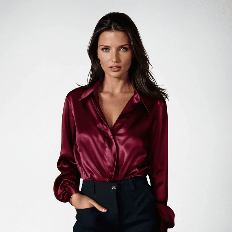 Gleame.-Blazers & Blouses-Gleame Blouse - Elegante zwarte satijnen blouse met lange mouwen