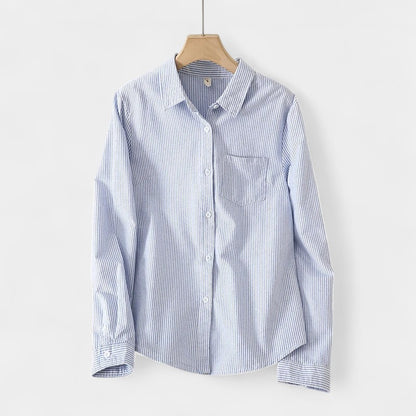 Gleame.-Blazers &amp; Blouses-Gleame Blouse - Gestreepte dames katoen linnen blouse met lange mouwen