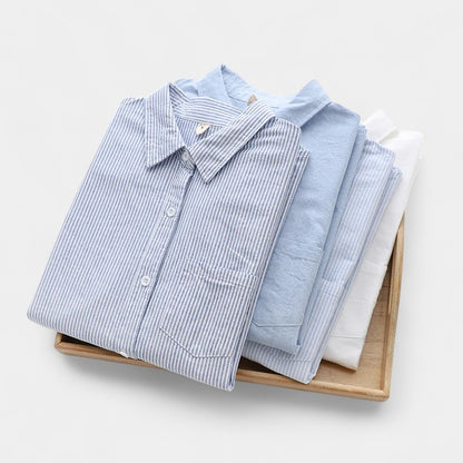  Gleame.-Blazers &amp; Blouses-Gleame Blouse - Gestreepte dames katoen linnen blouse met lange mouwen