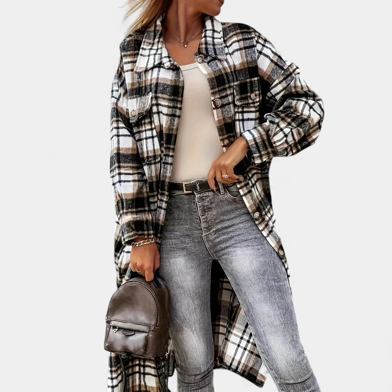 Gleame.-Blazers &amp; Blouses-Gleame Jas - Lange jas met knoopsluiting en flapzakken voor dames