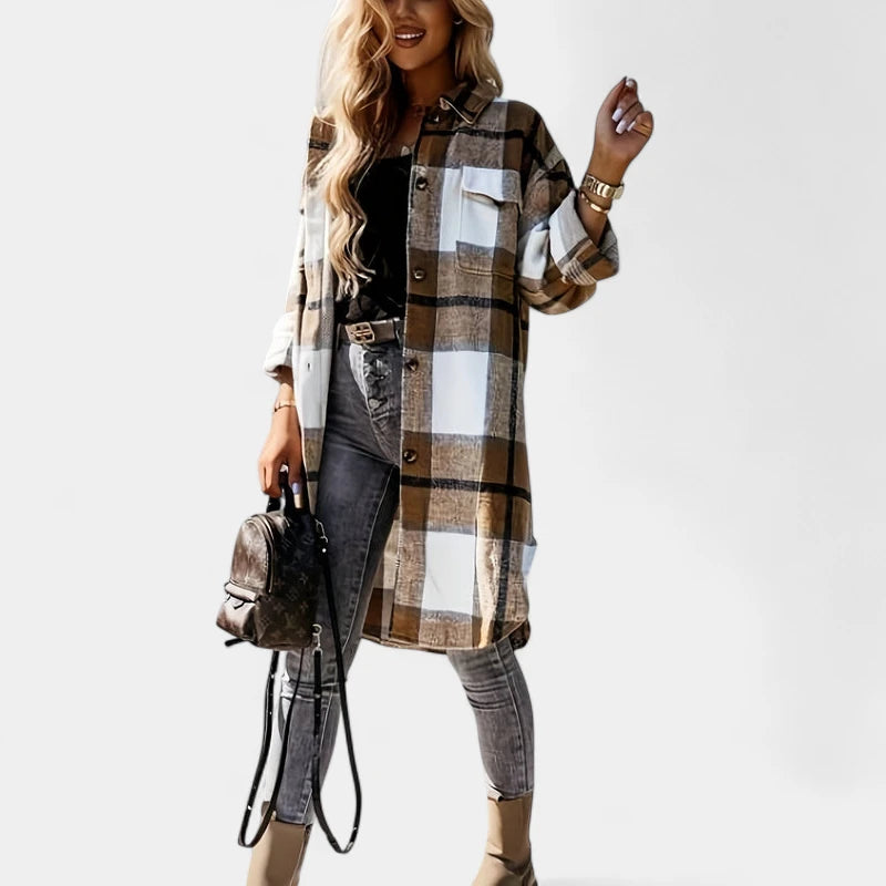 Gleame.-Blazers &amp; Blouses-Gleame Jas - Lange jas met knoopsluiting en flapzakken voor dames